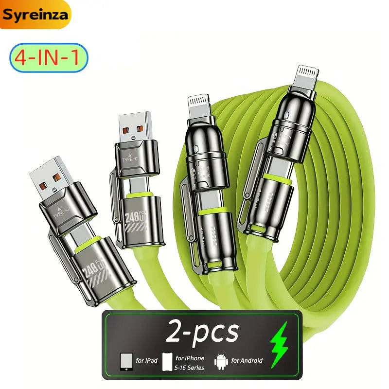 2-Pack 240W 4-in-1 Multi-Function USB Charging Cable Set with Type-C/USB-A/Lightning Ports