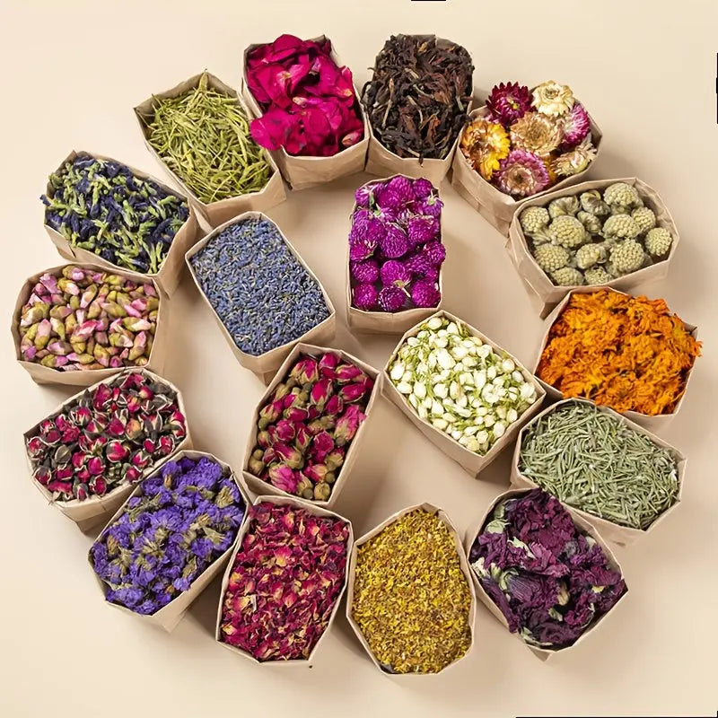 18pcs Dried Flower Set - Includes Dried Flowers, Osmanthus, Forget-Me-Nots, Jasmine, Lavender, Chrysanthemum, Roses, and More. Ideal for Witchcraft Kits, Home Decor, DIY Candle Making, Photo Frame Crafting, Picture Making, and Jewelry Making Dropshipman