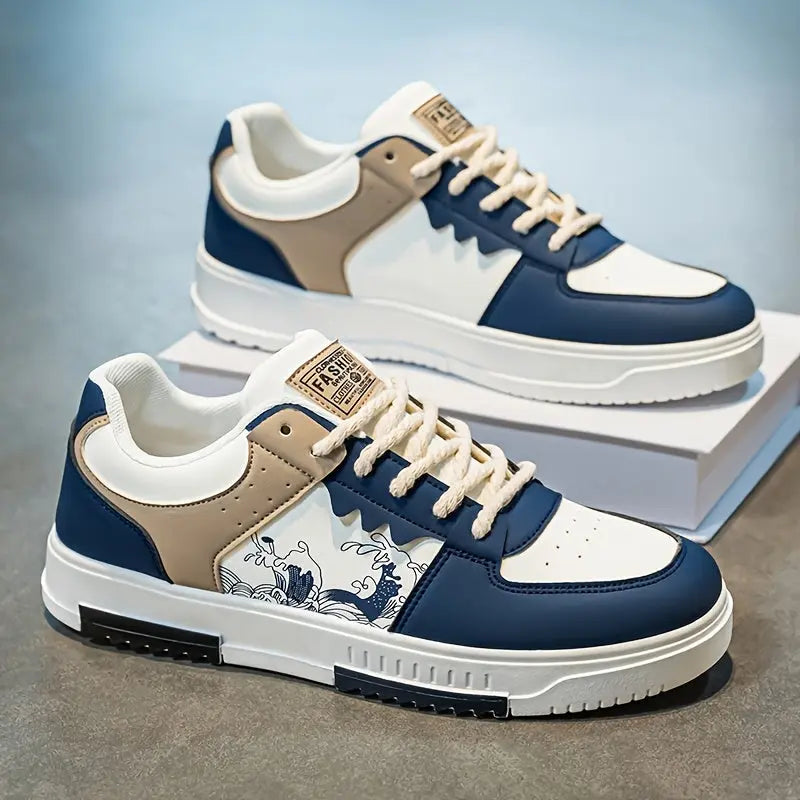 1 Pair Men'S Casual Sneakers - Comfortable Low-Top Lace-Up Shoes with Breathable Fabric Lining, Durable PVC Sole & Stylish White/Blue/Beige Design for Outdoor Travel, Hiking, Daily Wear - All-Season Versatile Sneakers, Hiking Footwear, Modern Sneakers, F Dropshipman