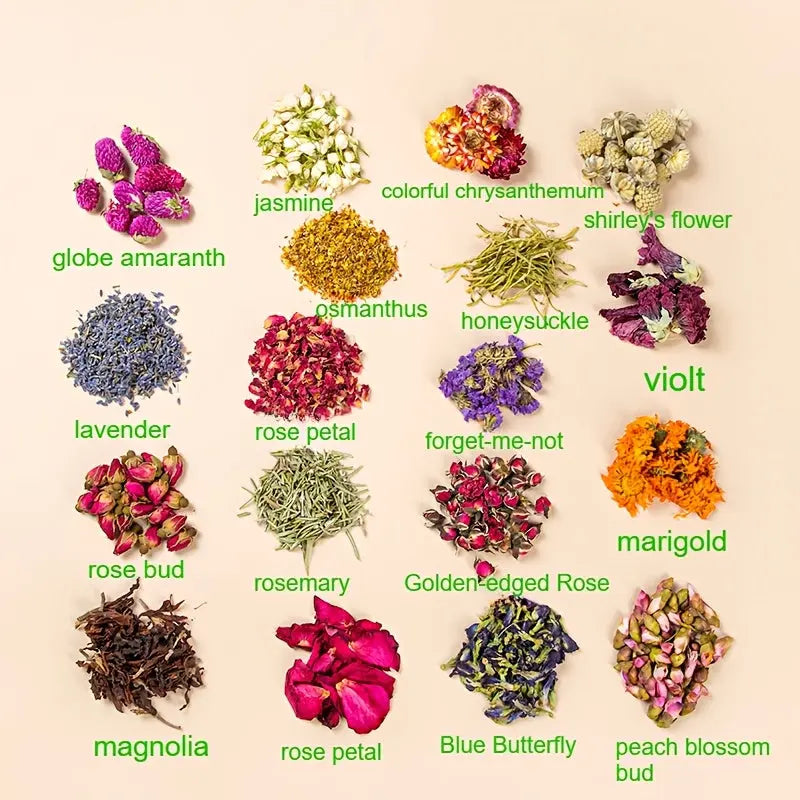 18pcs Dried Flower Set - Includes Dried Flowers, Osmanthus, Forget-Me-Nots, Jasmine, Lavender, Chrysanthemum, Roses, and More. Ideal for Witchcraft Kits, Home Decor, DIY Candle Making, Photo Frame Crafting, Picture Making, and Jewelry Making Dropshipman