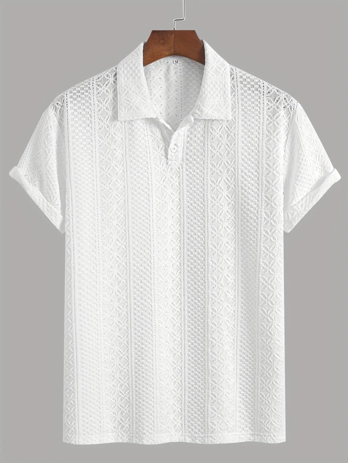 1pc Striped Knit Shirt for Men - Breathable Short Sleeve with Lace-Like Cut-Out Detail, Lightweight Casual Top, Hand Wash Only, Warm Weather Top, Textured Pattern, Delicate Knitwork, Men's Top, Stylish Men