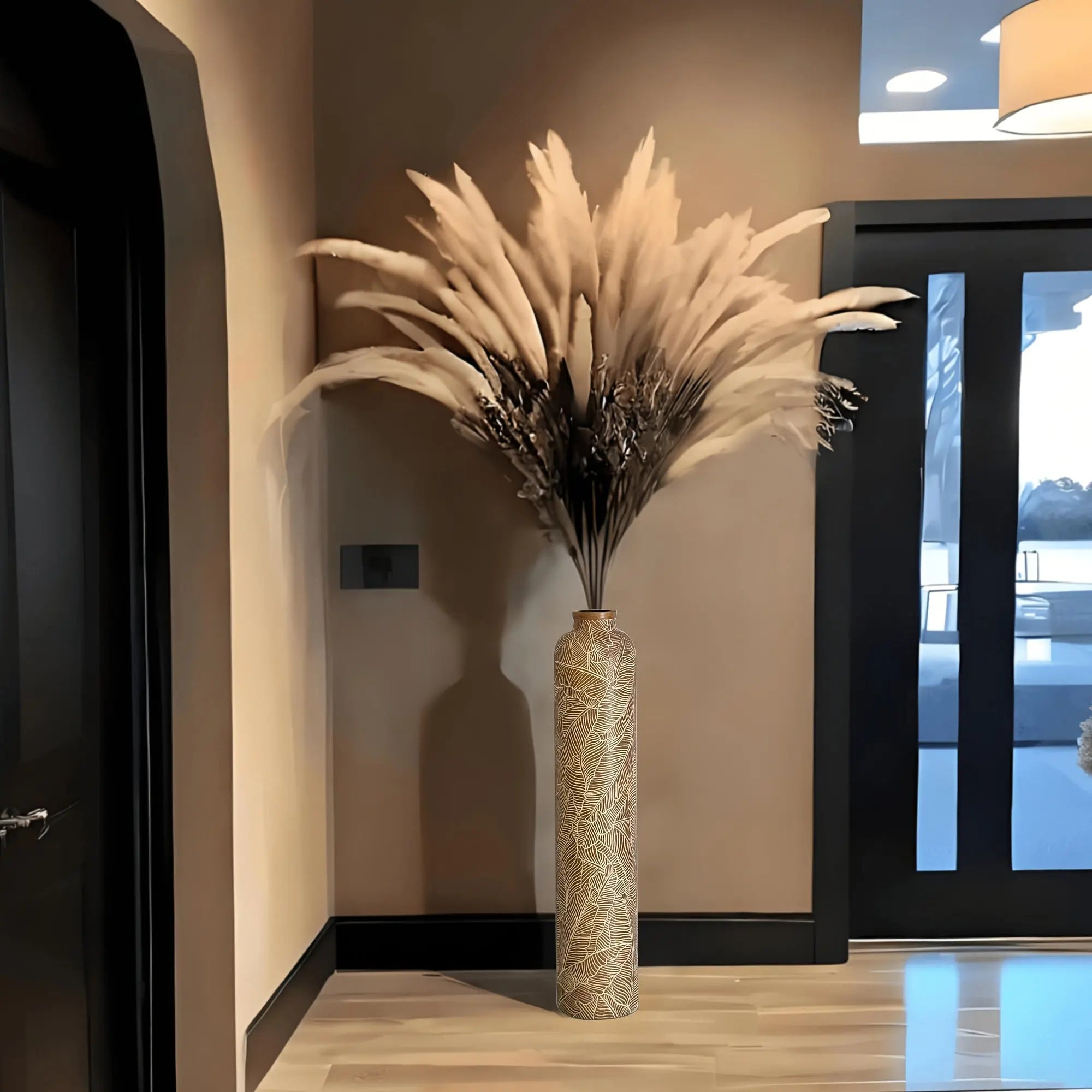 1pc 74.93cm Bohemian Floor Vase, Elegant Striped Resin Decorative Vase for Living Room, Entryway, Fireplace, Doorway, Centerpiece - Perfect Holiday & Birthday Gift, Decorative Vase, Fireplace Decoration, Bohemian Style, Striped Pattern, Resin Vase Dropshipman