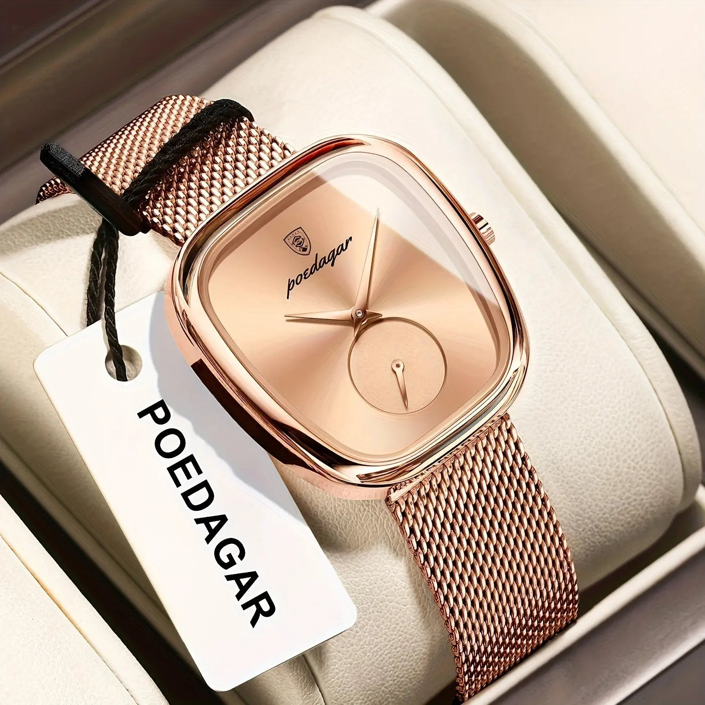 POEDAGAR Elegant Rose Square Watch - Waterproof Stainless Steel Mesh Band, Quartz Movement Wristwatch with Black Dial & Rose Hands, Suitable for Parties, Casual & Swimming, 3ATM Timepiece