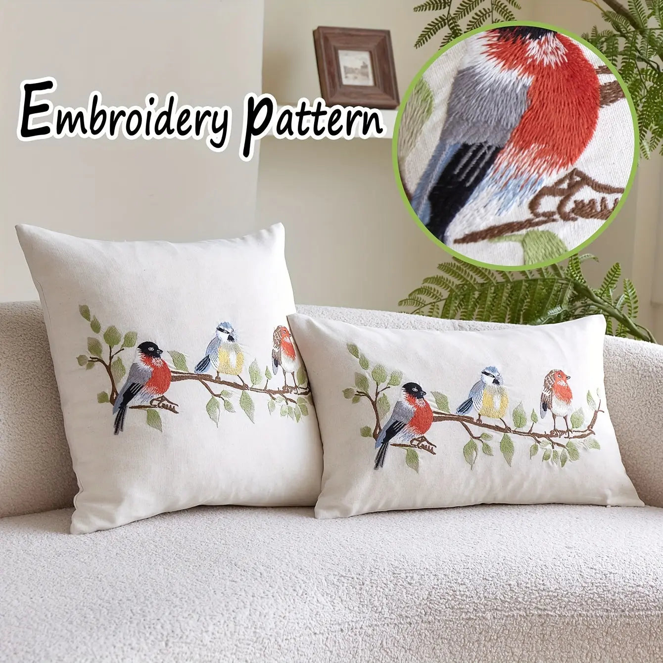 1 pc Beige Linen Exquisite Embroidery Birds on Branches Cushion Cover - Decorative Pillow Cover, Nature Style Indoor Decor, All-Season Throw Pillow/Cushion Cover, Insert Not Included