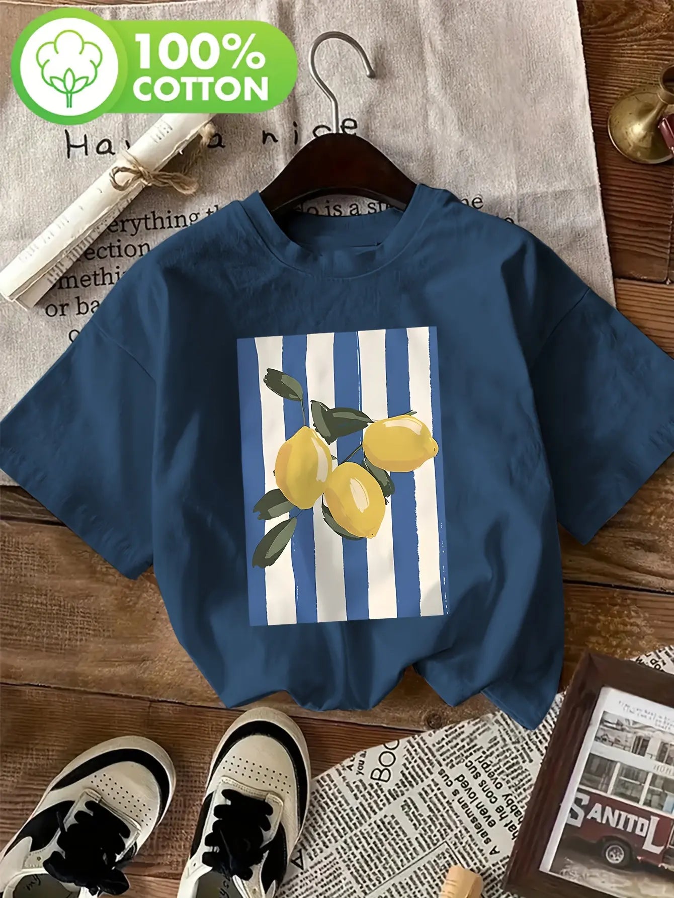 Women'S Lemon Print T-Shirt - Soft Pink Casual Short Sleeve Tee with Blue & White Striped Lemon Design, Round Neck, Regular Fit for Spring/Summer, Casual Wear|Playful Graphic Tee|Soft Texture