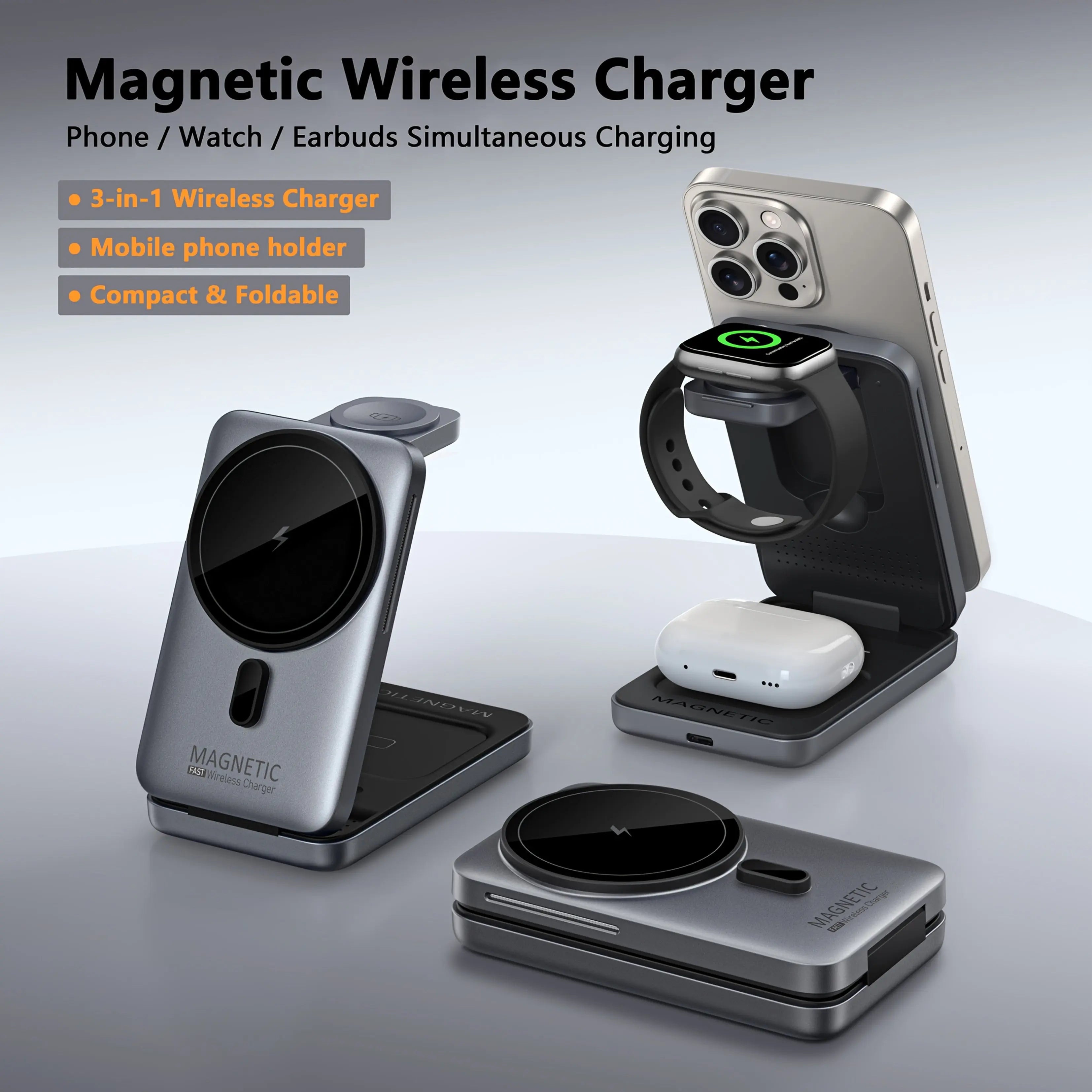 15W Magnetic Wireless Charging Station Foldable Desktop Stand, Slim 3-in-1 Wireless Charger with Metal Ventilation Holes for iPhone 12-16, iWatch 1-10 & AirPods, Portable Design, Ideal for Travel & Office