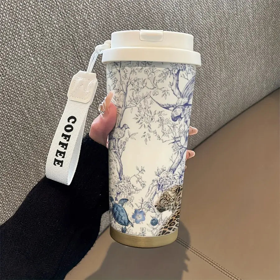 17.92oz Jungle Animal Pattern Insulated Coffee Mug - Stainless Steel Insulated with Carrying Strap, Double-Walled for Hot & Cold Drinks,  Floral Design, Perfect for Home, Office, Outdoor Adventures, and Gifts for Coffee & Tea Lovers Dropshipman