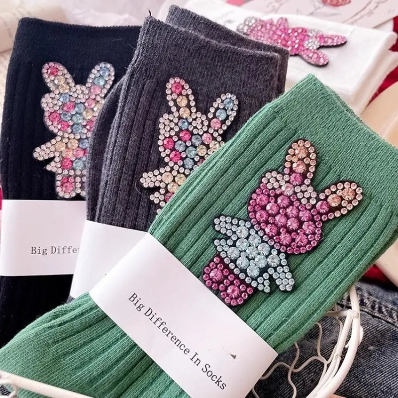 1 Pair & Rabbit Rhinestone Stacking Socks - Cute Breathable with Sparkling Rabbit & Patterns, Colorful for, Spring/Fall Casual Attire or Themed Outfits (Hand Wash/Dry) -  Style, for Teenager Dropshipman