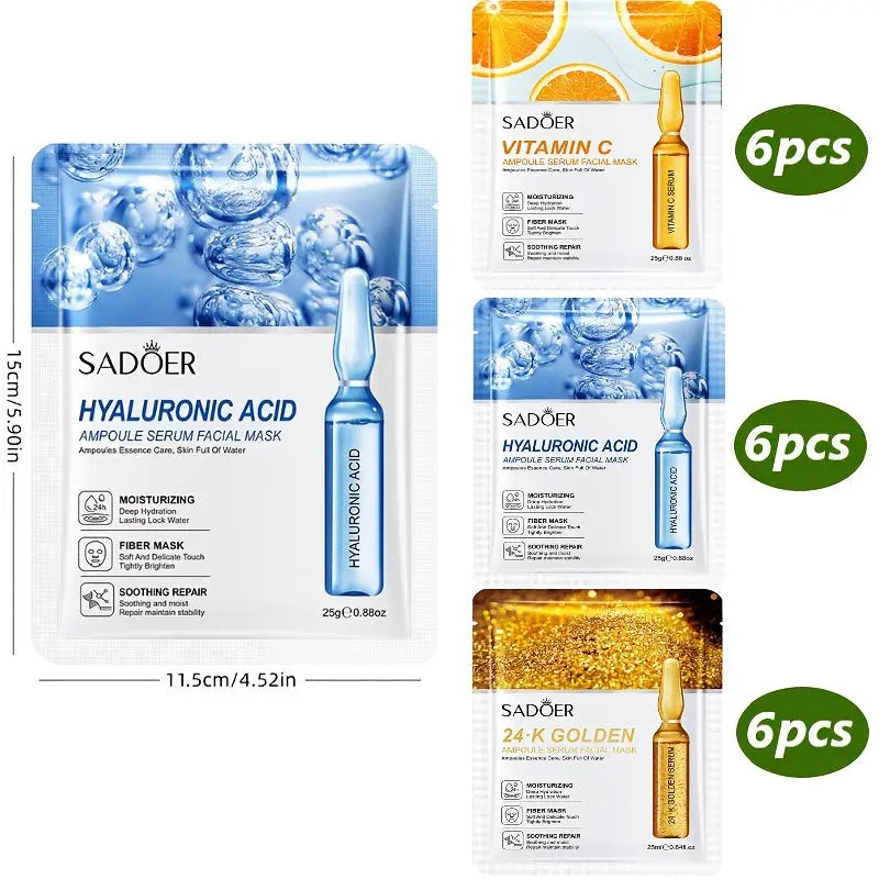 18pcs Ampoule Essence Facial Mask, 3 Mixed Packs, Suitable for Facial Moisturizing, Containing Hyaluronic Acid and Vitamin C Ingredients, Mild and Non Irritating, Suitable for Skin Care of All Skin Types, Alcohol Free, Facial Care, Daily Use