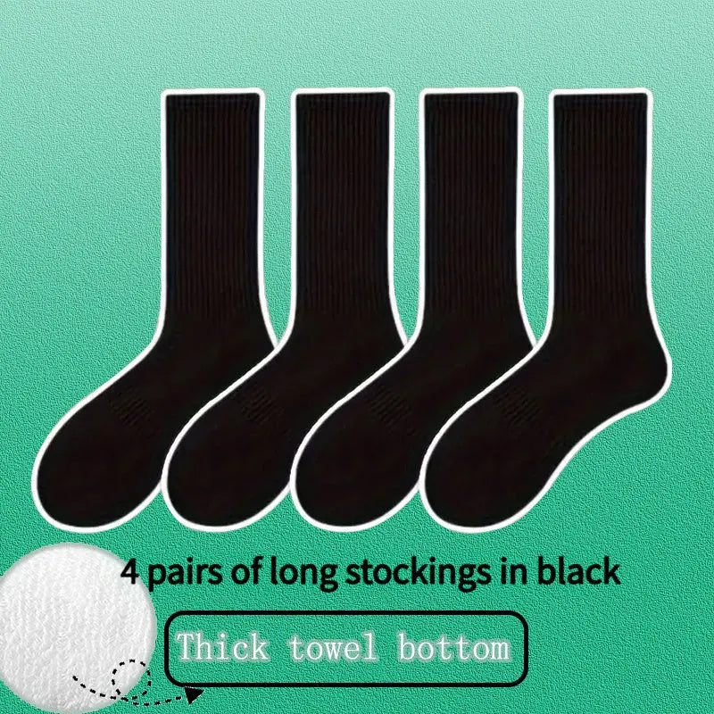 4 Pairs/7Pcs White Socks, Men's Mid-Calf Cotton Crew Sports Basketball Thickened Terry Cloth Long Toe Absorbent Women's/Men Dropshipman