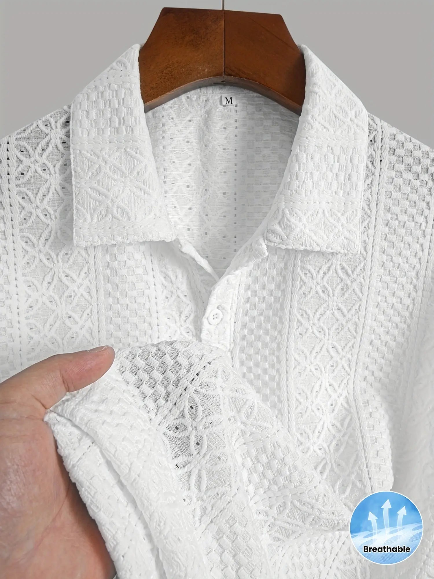 1pc Striped Knit Shirt for Men - Breathable Short Sleeve with Lace-Like Cut-Out Detail, Lightweight Casual Top, Hand Wash Only, Warm Weather Top, Textured Pattern, Delicate Knitwork, Men's Top, Stylish Men