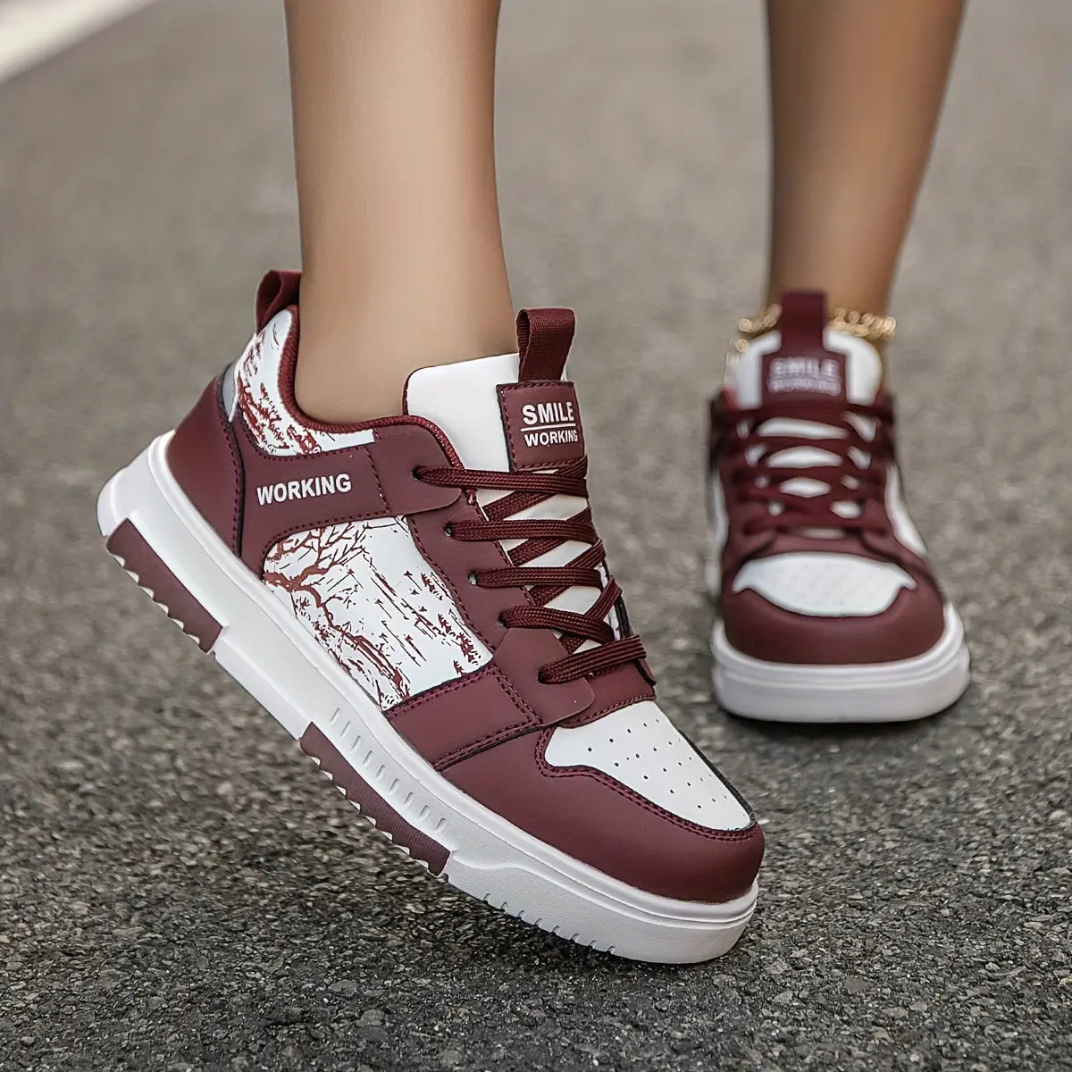 [sneakers] Women'S Trendy Color-Blocked Thick-Soled Height-Increasing Casual Outdoor Hiking Shoes, Featuring a Stylish Letter Holiday-Themed Branch Pattern And Front Lace-Up Design for Casual Skate Shoes Dropshipman