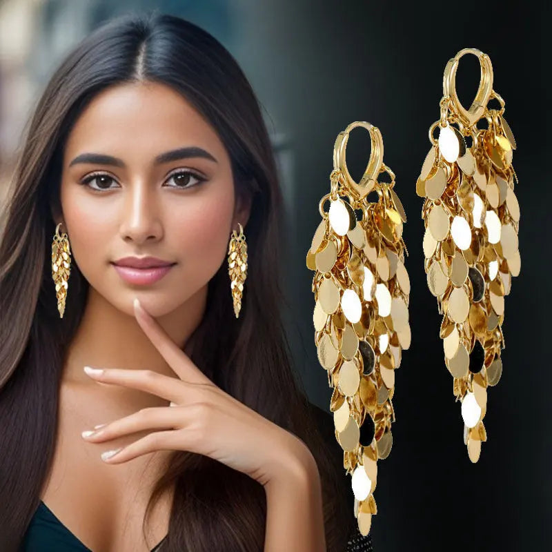 1 Pair Glamorous Women Glitter Dangle Earring Latest Fashion Jewelry High Quality Iron Leaf Shape Pendant Tassel Earrings Wonderful Party Accessories Best Birthday Gift E2182 Dropshipman