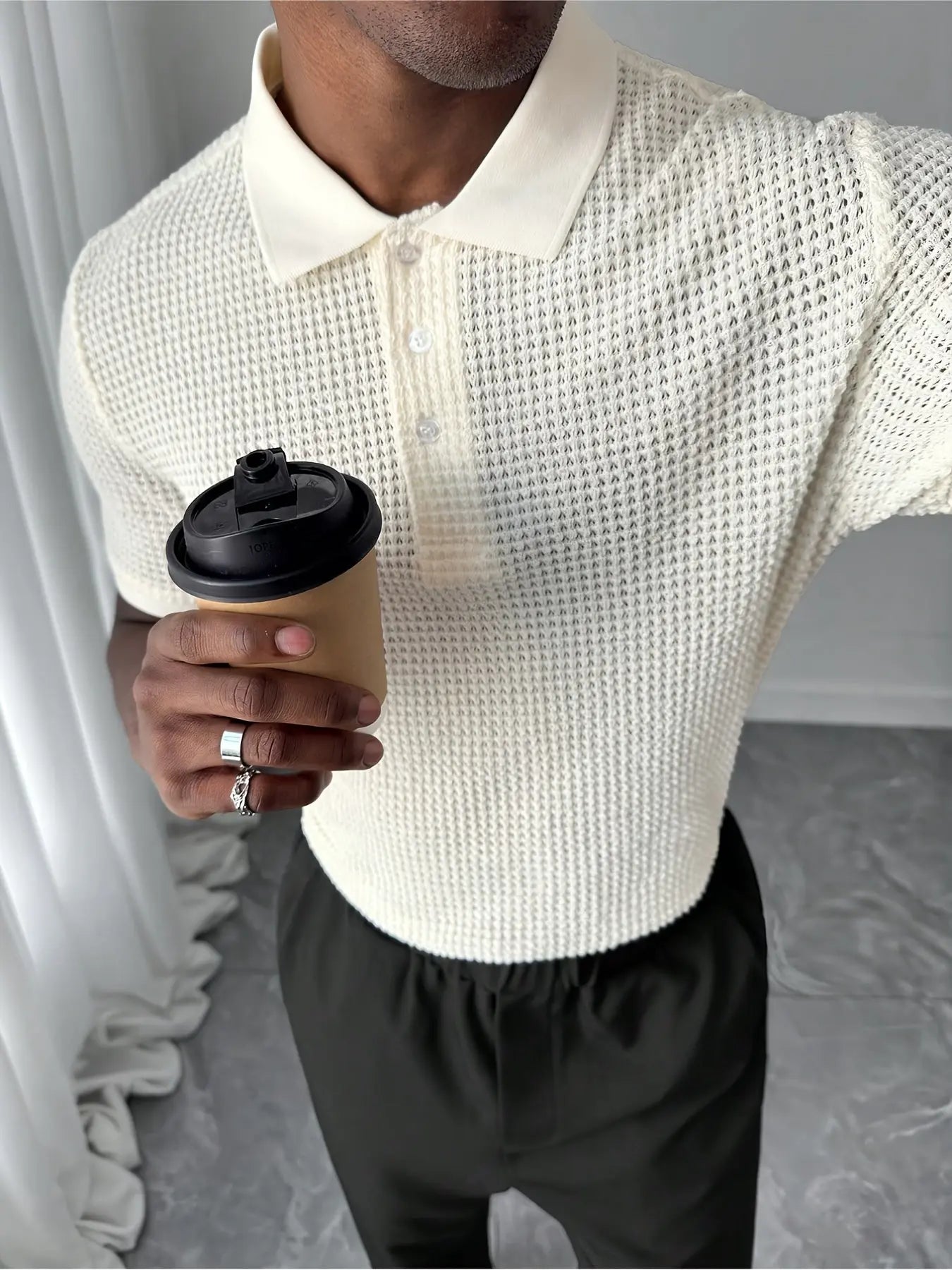 Knit Hollow-Out Polo Short Sleeve | Casual High Stretch Fabric, Solid Color, Rib-Knit Detail, Perfect for Men in Summer