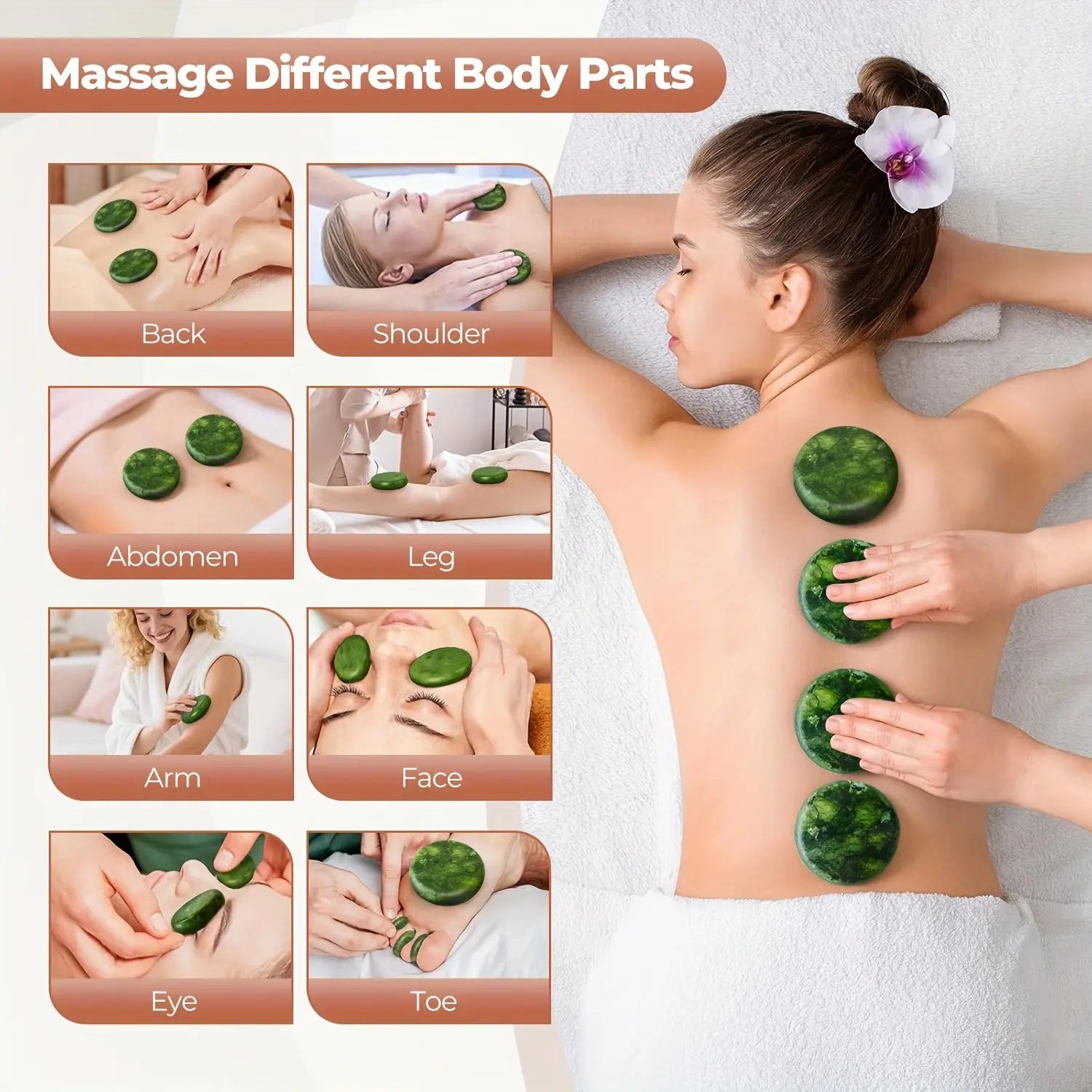 10pcs Hot Stone Massage Set - Green Stones - Use with Essential Oils, Home/Professional Spa Massage Tools for Full Body Massage