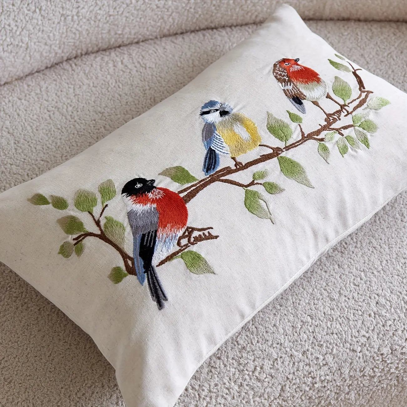 1 pc Beige Linen Exquisite Embroidery Birds on Branches Cushion Cover - Decorative Pillow Cover, Nature Style Indoor Decor, All-Season Throw Pillow/Cushion Cover, Insert Not Included