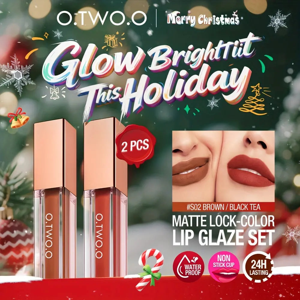[Christmas Gift] O.TWO.O Lip Color Set 2pcs Waterproof Long Lasting Matte Liquid Lipstick Makeup Set Long Lasting Non-fading Color-locking Formula Lightweight Concealer Korea Makeup Daily essential make up for women otwoo Dropshipman