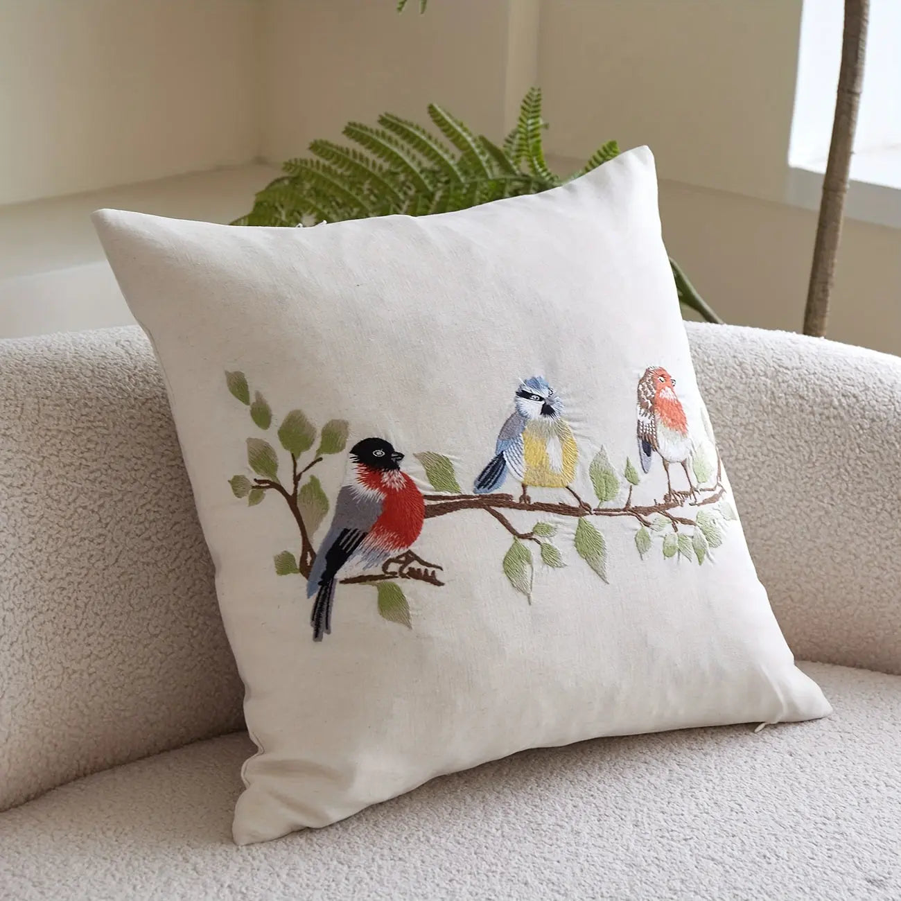 1 pc Beige Linen Exquisite Embroidery Birds on Branches Cushion Cover - Decorative Pillow Cover, Nature Style Indoor Decor, All-Season Throw Pillow/Cushion Cover, Insert Not Included