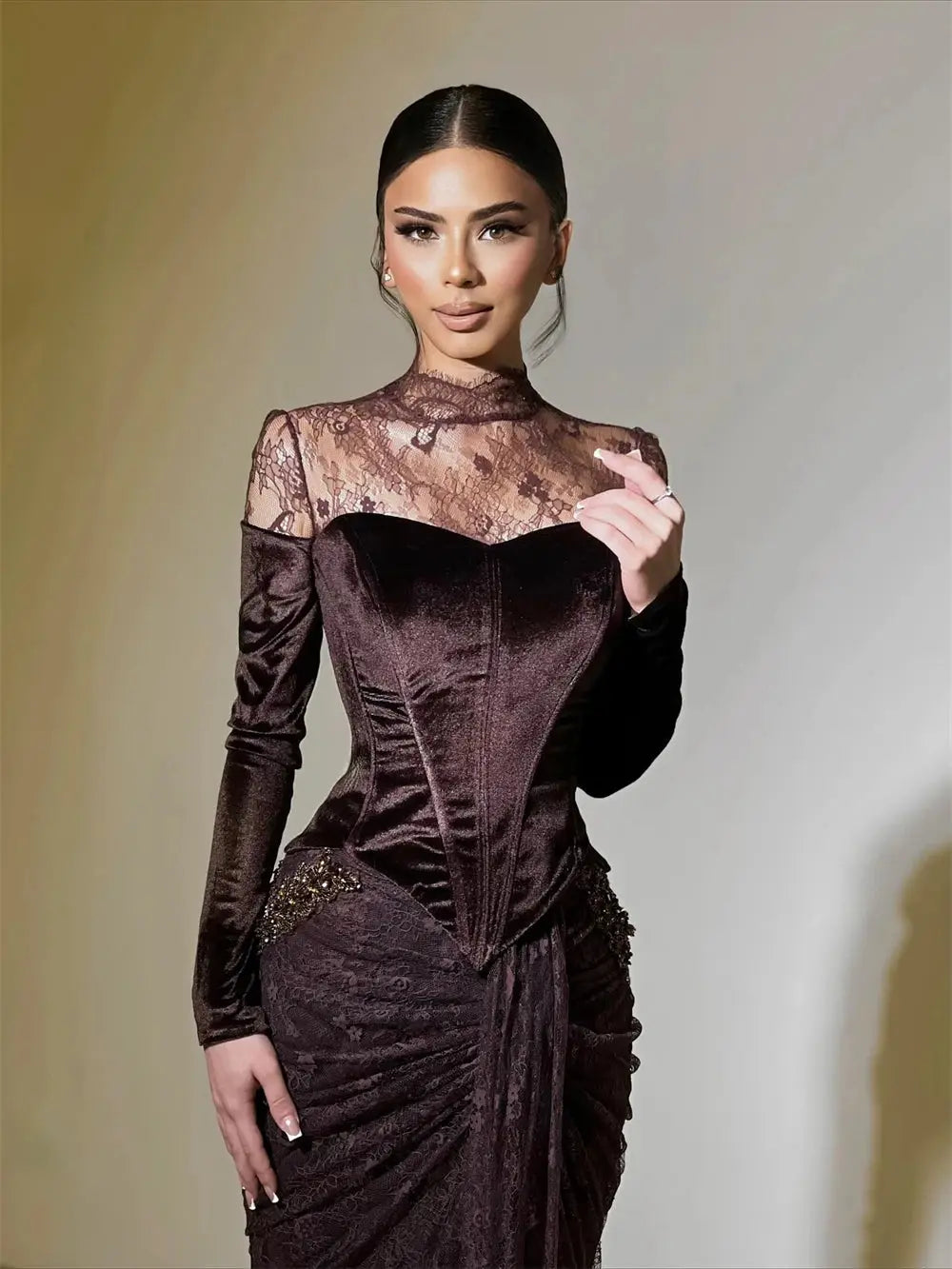 Sansa Customized Black Mermaid High Neck Sequinned Appliques Prom Dress Long Sleeve Vestidos De Noche Floor-Length Formal Gown