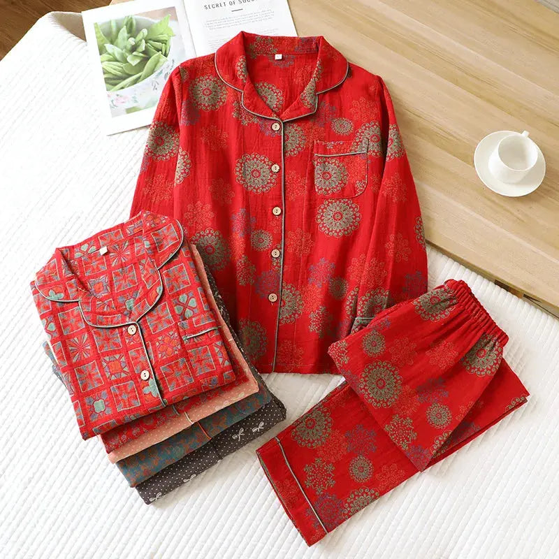 Spring and Autumn Cotton Yarn-dyed Double-layer Yarn Jacquard Women's Pajamas Lapel Long-sleeved Trousers Loungewear 2 Piece Set