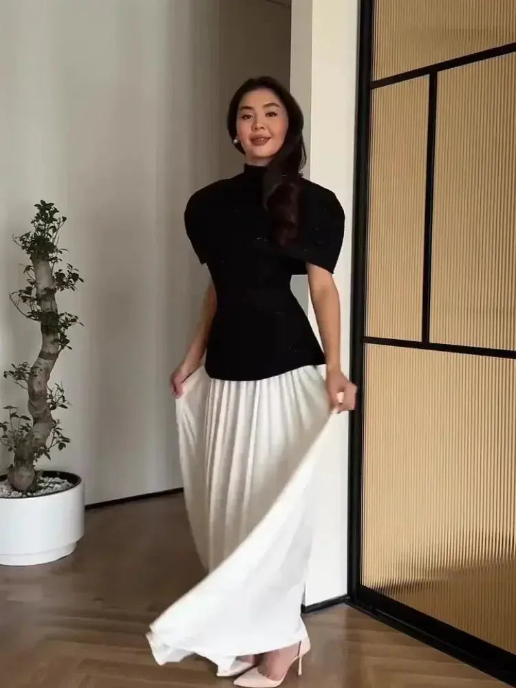 Elegant Cloak Turtleneck Top Set Women Waist-cinching High Waist Pleated A-line Long Skirt Suit 2026 Lady Spring Autumn Outfit Dropshipman