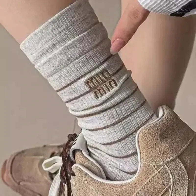 Yuanrun Home Stripe Embroidery Mid-Calf Socks Women Spring Autumn Cotton Breathable Miu Style Long Socks Home Comfortable