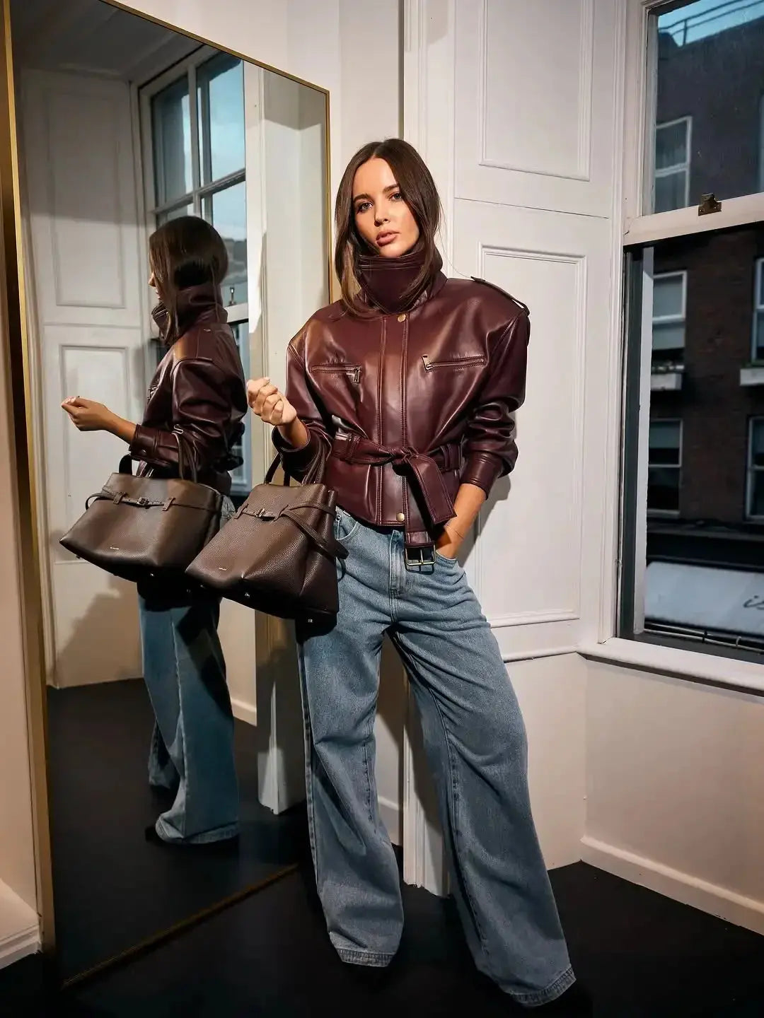 Women Solid Burgundy Waist Cinching Jacket Fashion Lace Up Stand Collar Zipper Bucket Short Jackets 2025 Lady High Street Coat Dropshipman