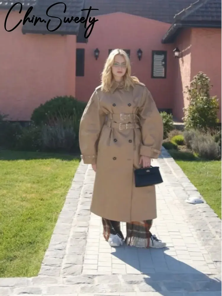 Elegant Double Belt Women Windbreaker Casual Khaki Long Sleeve Lapel Button Female Jacket 2025 Autumn Winter Lady Streetwear New Dropshipman