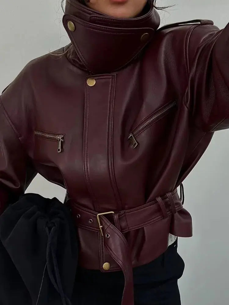 Women Solid Burgundy Waist Cinching Jacket Fashion Lace Up Stand Collar Zipper Bucket Short Jackets 2025 Lady High Street Coat Dropshipman