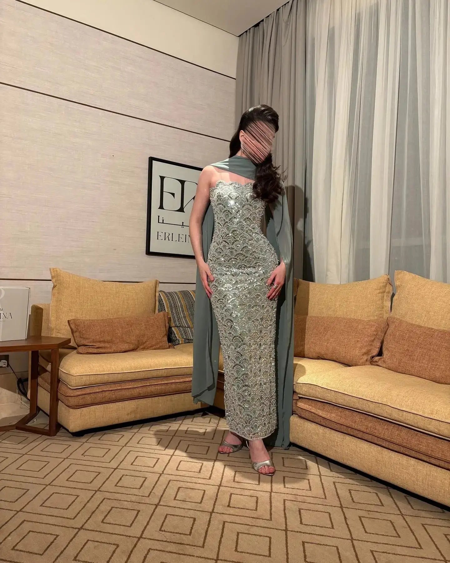 Bella Customized Mint Green Strapless Prom Dress Beaded Lace with Matching Cape Slim-Fit Floor-Length Gown robes de soirée 2025