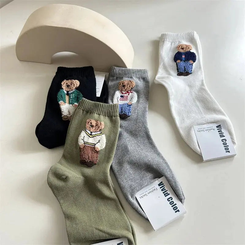 New Trendy Cartoon Bear Mid-Calf Cotton Socks for Women Casual Sweater Female Socks Comfortable Long Women Middle tube Socks