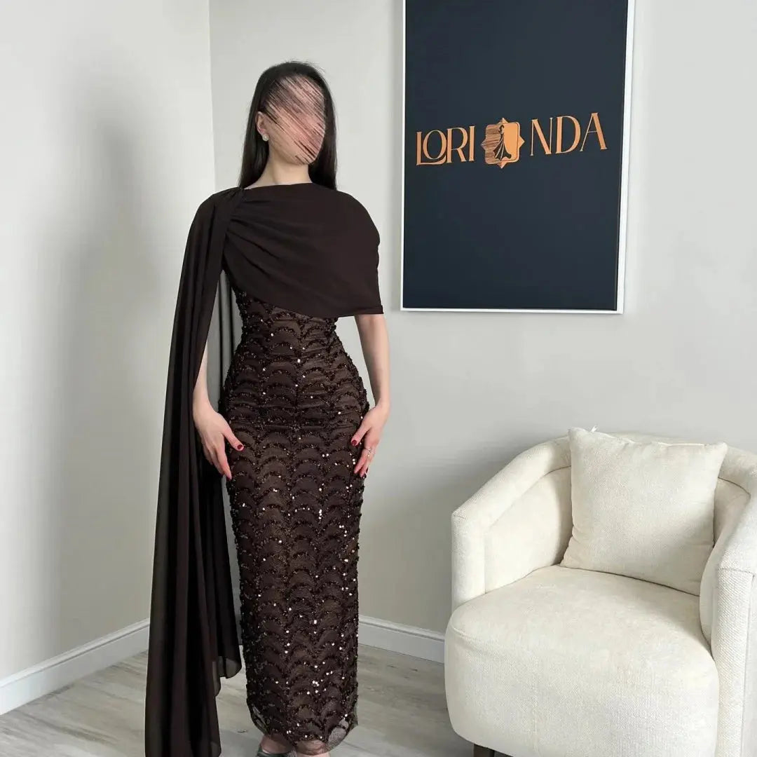Bella Customized Chocolate Brown One-Shoulder Capelet Sequin Prom Dress Slim Fit Party Dresses Floor-Length Elegant Formal Gown