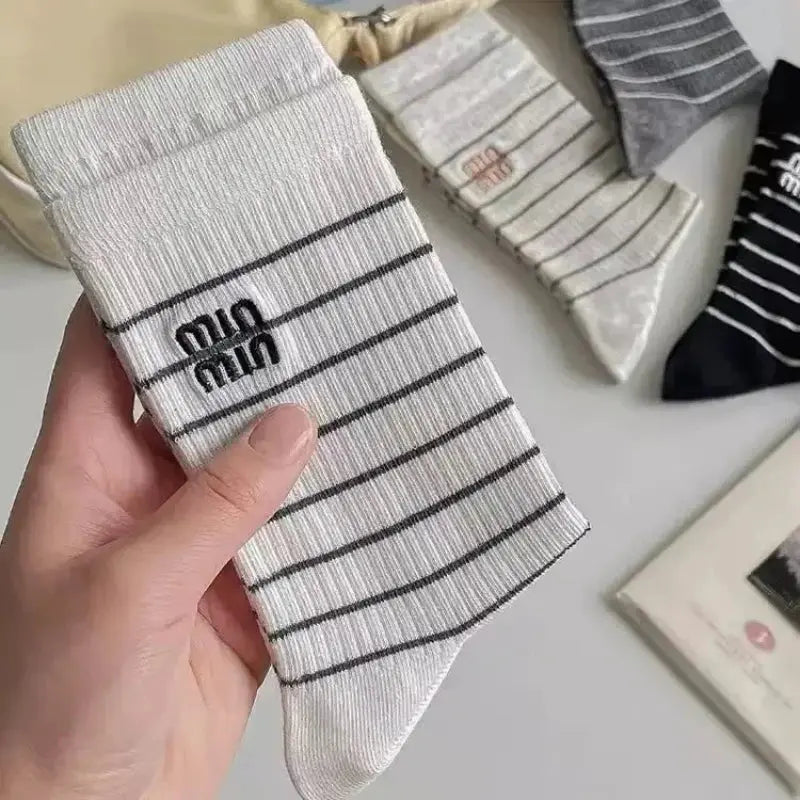 Yuanrun Home Stripe Embroidery Mid-Calf Socks Women Spring Autumn Cotton Breathable Miu Style Long Socks Home Comfortable