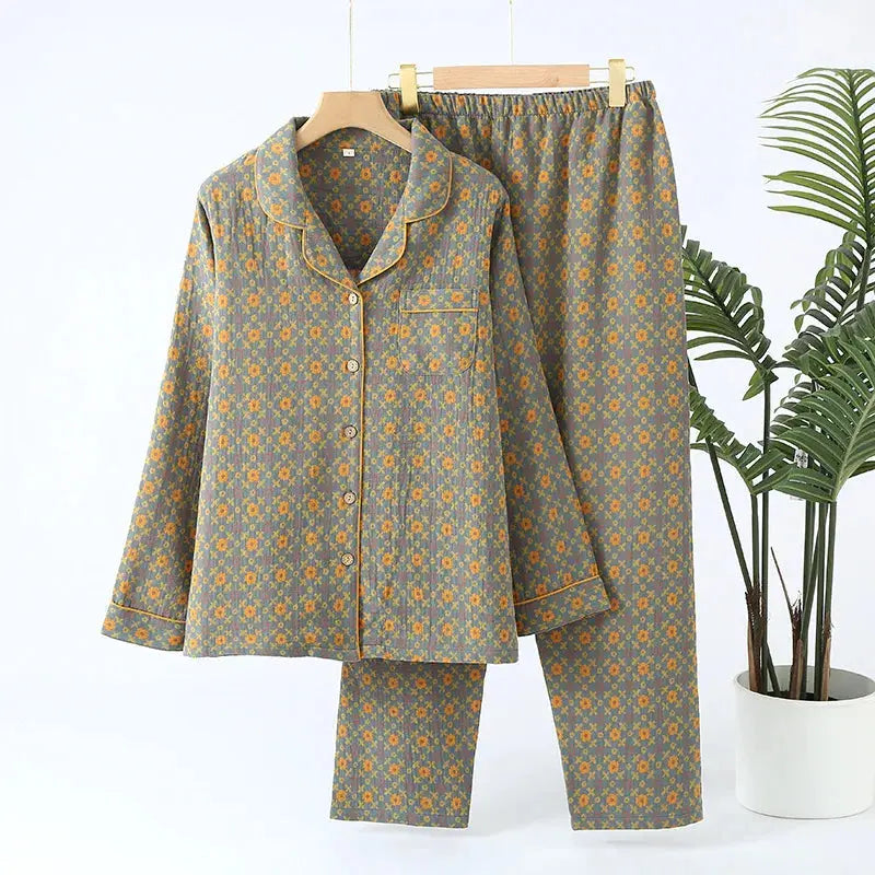 Autumn Long Sleeve Sleepwear Women's Cotton Yarn-dyed Jacquard Ethnic Style Print Pajamas for Women 2 Pieces Outfit Loungewear