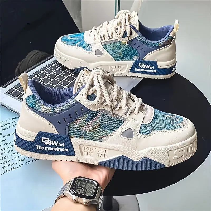 [Random Shoe Pattern] Spring Men's Fashion Color Block Street Style Skateboarding Shoes, Comfortable Anti-slip Breathable Lace-up Sneakers, Men's Shoes Dropshipman
