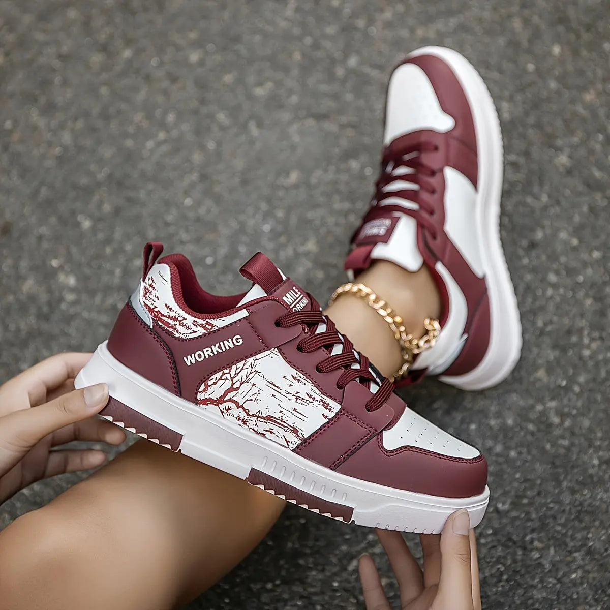 [sneakers] Women'S Trendy Color-Blocked Thick-Soled Height-Increasing Casual Outdoor Hiking Shoes, Featuring a Stylish Letter Holiday-Themed Branch Pattern And Front Lace-Up Design for Casual Skate Shoes Dropshipman