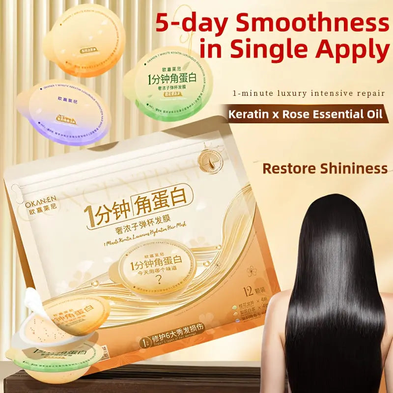 1-Minute Deep Nourishment Hair Mask, Infused with Collagen, Keratin, Macadamia Nut Oil - 3 Distinct Scents, Restore Shineness, Suitable for Dry, Frizzy Hair, 12pcs Travel-friendly Pouch Package Dropshipman