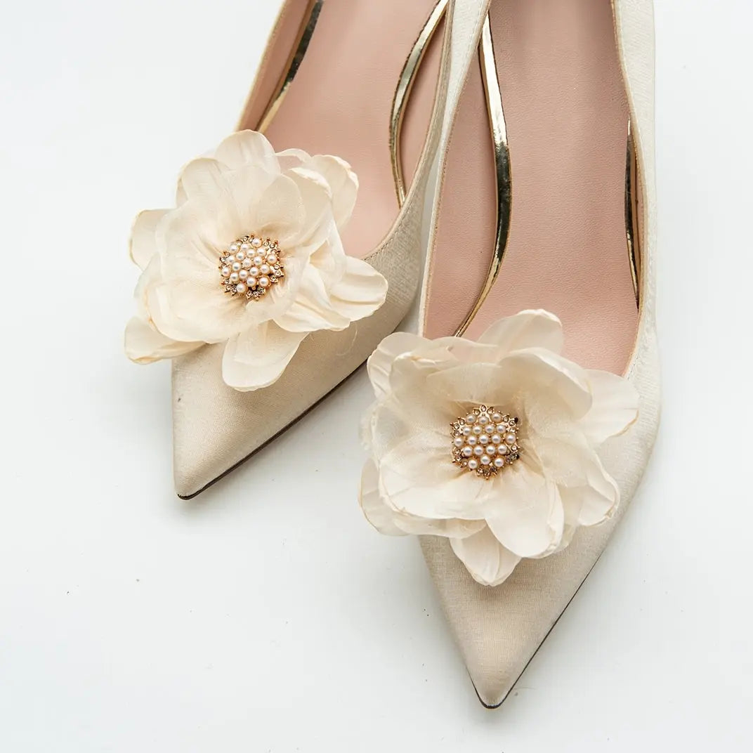 1 Pair of Elegant Beige Fabric 3D Floral Embellishments with Sparkling Rhinestones - DIY Removable Shoe Accessories for Women'S High Heels and Flats, Perfect for Weddings and Formal Events, Formal Shoe Embellishments | Floral Embellishments | Rhinestone