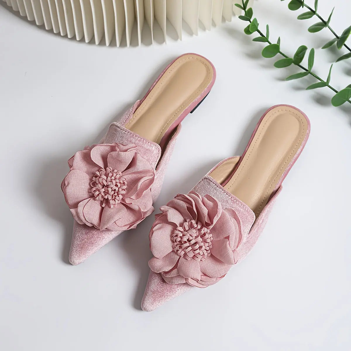 Pointed Toe Half Slippers for Women, New Pink Style for Summer 2025, Perfect for Pairing with Skirts, French Versatile Floral Sandals., Women Shoes Dropshipman