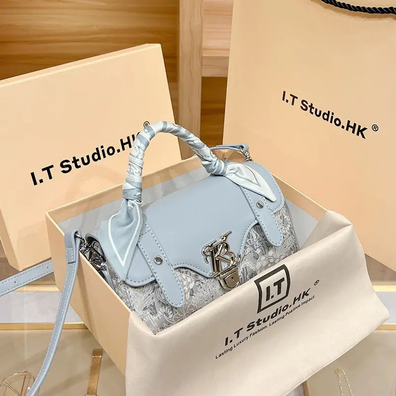 Elegant Sky Blue Moire Pattern Handbag with Detachable Strap, Fashion Light Luxury Handbag for Women, Versatile Crossbody And Top-Handle Bag with Buckle Closure And Polyester Lining, Versatile Handbag|Minimalist Design|Polyester Lined Dropshipman