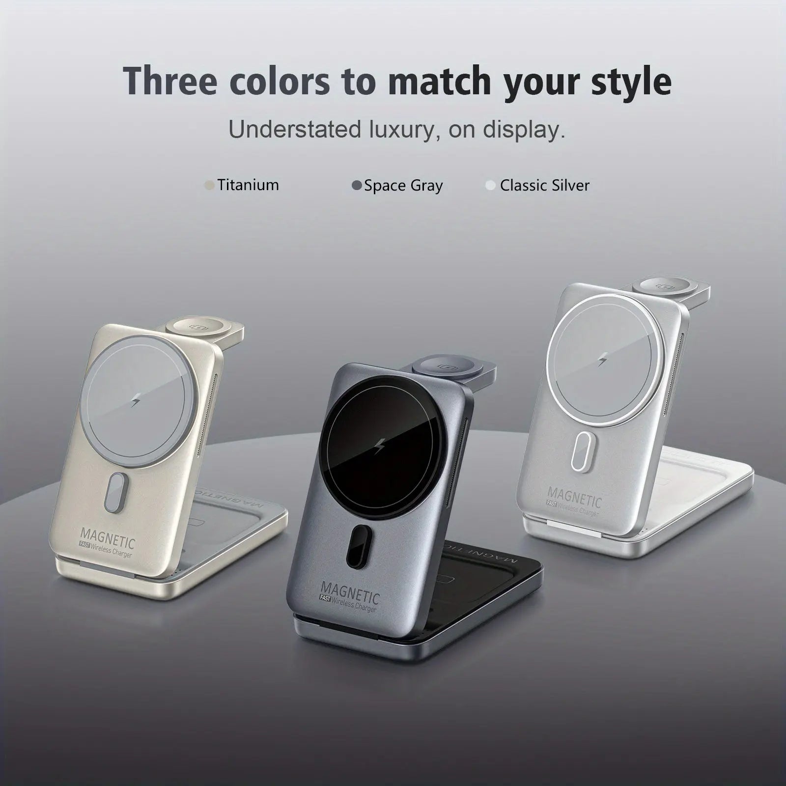 15W Magnetic Wireless Charging Station Foldable Desktop Stand, Slim 3-in-1 Wireless Charger with Metal Ventilation Holes for iPhone 12-16, iWatch 1-10 & AirPods, Portable Design, Ideal for Travel & Office