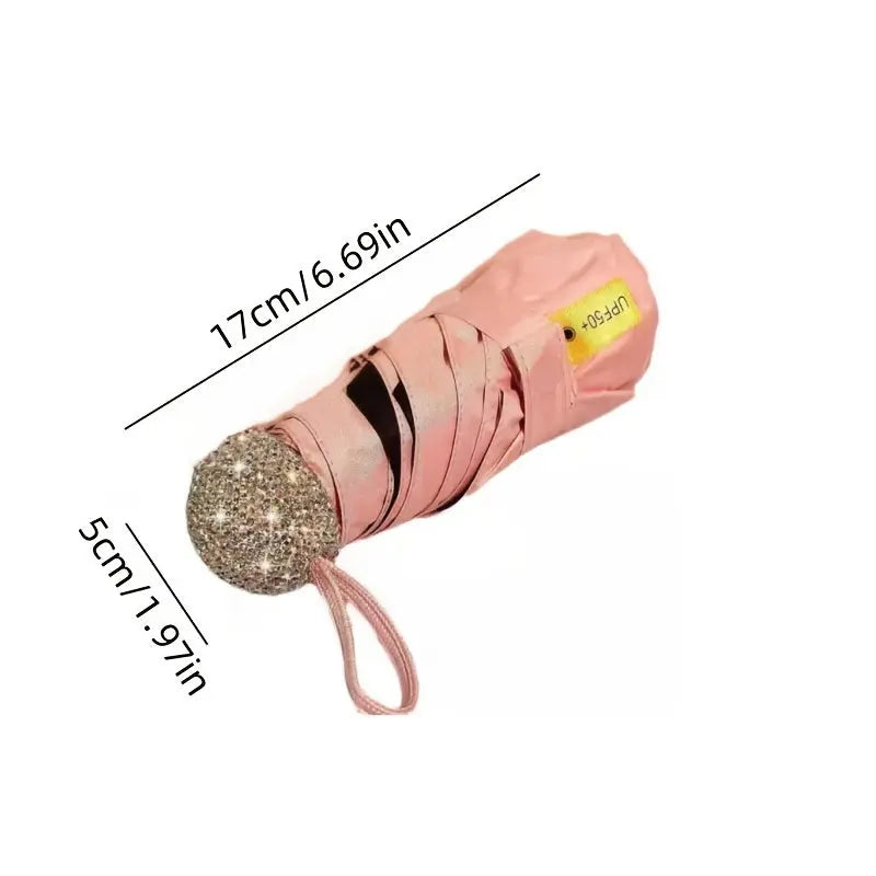 1pc High-Quality Folding Sun Umbrella with Sparkling Artificial Rhinestones, Outdoor Portable Five-Fold Rain & Shade Dual-Purpose Parasol