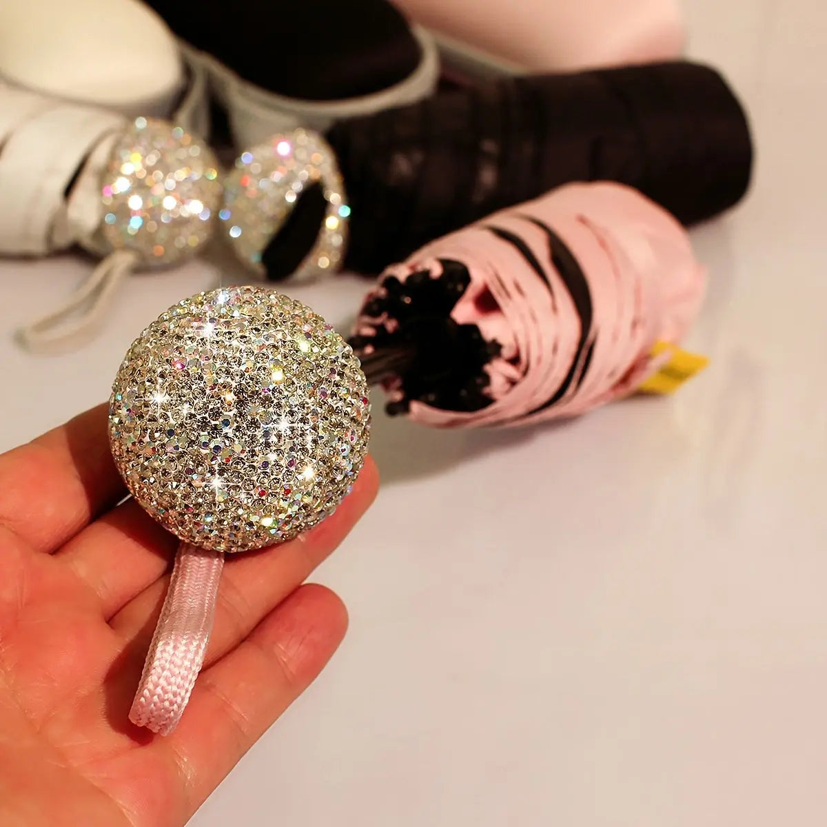 1pc High-Quality Folding Sun Umbrella with Sparkling Artificial Rhinestones, Outdoor Portable Five-Fold Rain & Shade Dual-Purpose Parasol