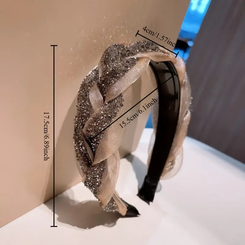 1pc Korean Style Mesh Twist Knit Headband with Rhinestone Accents, Wide Band Hairband for Women's Daily Hair Accessories