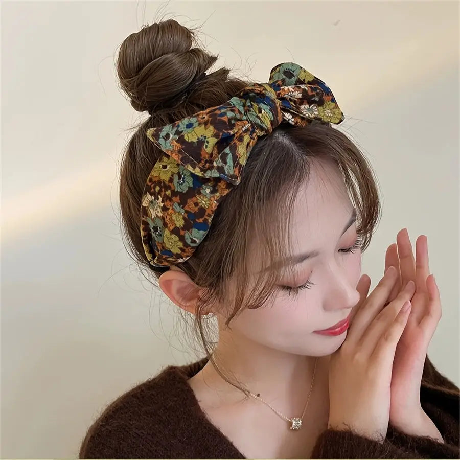 1pc Floral Bowknot Headband | Vintage Style Wide-Edge Hair Accessory with Flower Prints, Single Piece Dress Up Headband Dropshipman